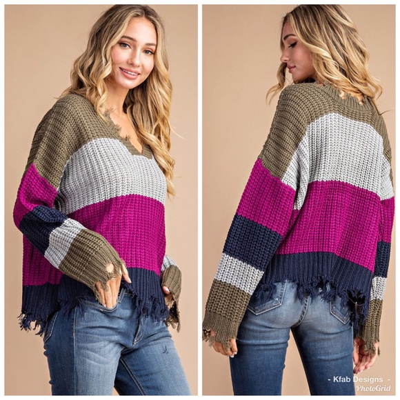 🥰LAST 1! DISTRESSED STRIPE COLOR BLOCK SWEATER - Picture 3 of 8